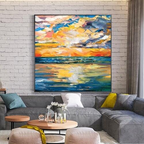Abstract 100% Hand Painted Textured Sunset Glow Oil Painting On Canvas Modern Canvas Wall Art For Living Room Home Decoration