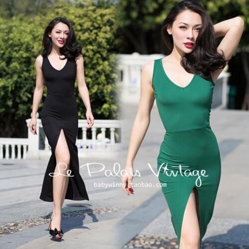 FREE SHIPPING Le Palais Vintage 2016 Summer New Sexy Comfortable Elasticity Slim Sleeveless V Neck Split Front Long Dress Women