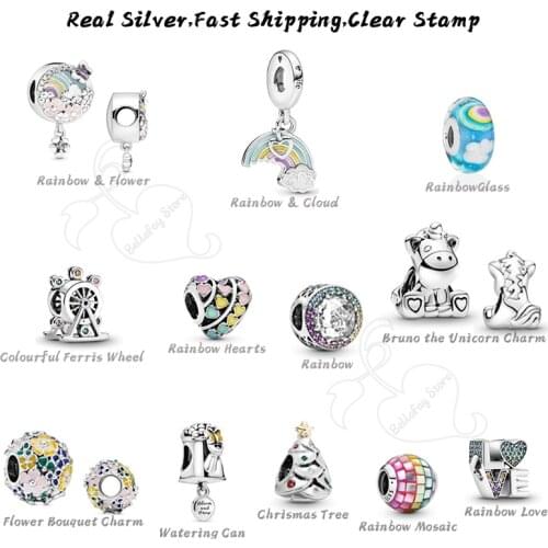 100% Authentic 925 Silver Unicorn Charms Rainbow Beads Fits Pdoras Bracelets Bangles Necklace Women DIY Decoration
