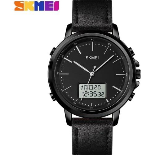 SKMEI Fashion MenS Dual Display Wristwatches With Leather Strap Casual Analog Chronograph Alarm Digital Watches For Men 1652