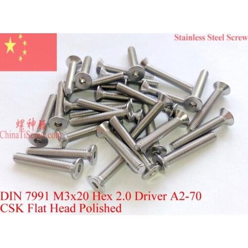 DIN 7991 Stainless Steel screws M3x20 Flat Head Hex Driver A2-70 Polished ROHS 100 pcs