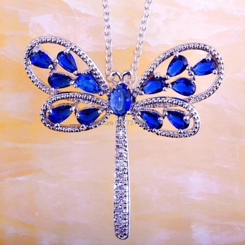 JROSE Decent Dragonfly Blue & White CZ Silver Color No Chain Pendant Necklace Fashion Jewelry For Women Men GiftsWholesale