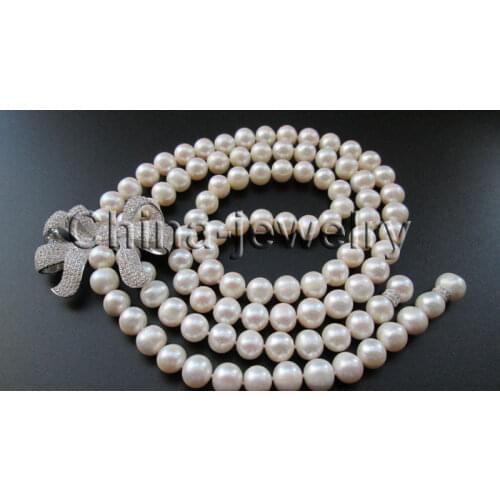 P6673-30" 10-11mm natural white round freshwater pearl necklace - zircon Bowknot