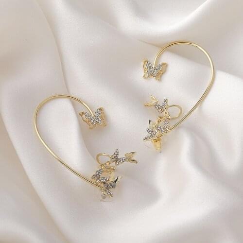 LOVOACC Fairy Tale Shiny Rhinestone Butterfly Earrings for Women Gold Copper Alloy Simulation Wing Clip Earrings Vintage Jewelry