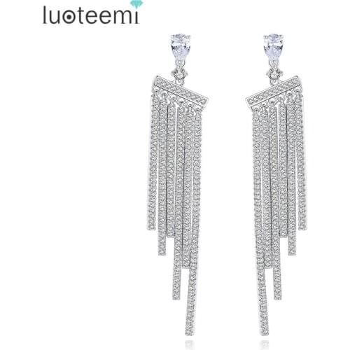 LUOTEEMI New Luxury Women Cubic Zirconia Crystal Wedding Tassel Drop Earrings White Gold Color Earrings Jewelry for Girls Gift