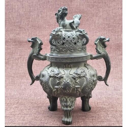 Copper Statue New brass, old, three legged double dragon playing with beads, incense burner ornaments, home arts and crafts fur