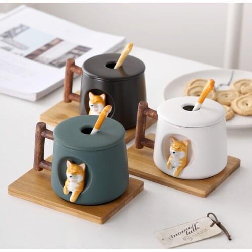 Cartoon Ceramic Mug Cute 3D Shiba Inu Pattern With Lid Spoon Girls Favorite Gift Brew Milk Tea Couple Drinking Water Coffee Cup