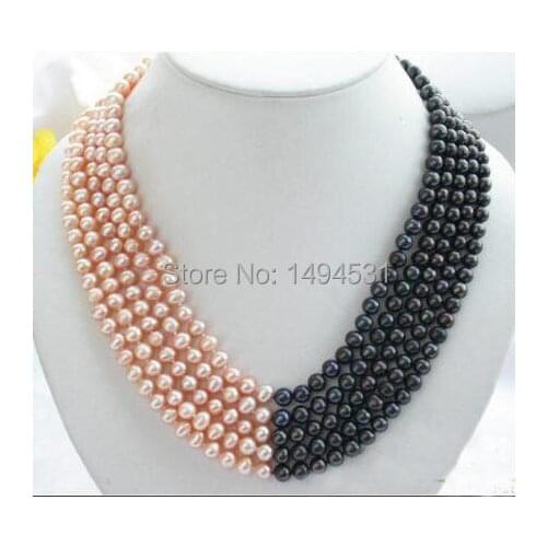 Wholesale Pearl Jewelry 5Rows 7mm Pink Black Color Natural Freshwater Pearl Necklace - Handmade Jewlery - XZN48