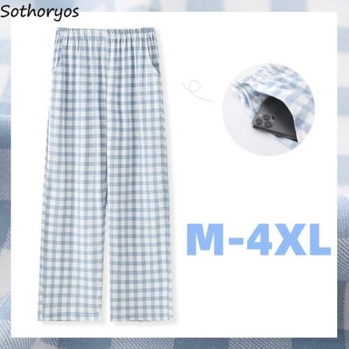 Sleep Bottoms Women Plaid Printed Elastic Waist Plus Size M-4XL Cotton Soft Female Home Wear Trousers Cute Simple Leisure Chic