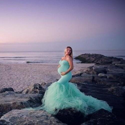 Pregnant Photo Dress Strapless Lace Maternity Gown Maxi Photography Baby Shower Women Sexy Mesh Mermaid Pregnancy Dress 2020 New