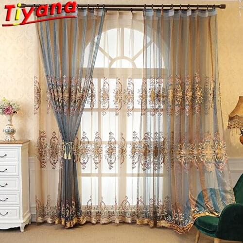 Color-Changing Luxury Embroidery Tulle Curtains for Living Room Beige/Blue Gradient Window Drapes for Bedroom Balcony #VT