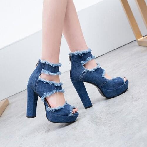 Womens Sandals Fashion Denim Sandals Women Square Block High Heels Rome Gladiator Sandals Ladies Shoes Retro Punk Rock Gothic