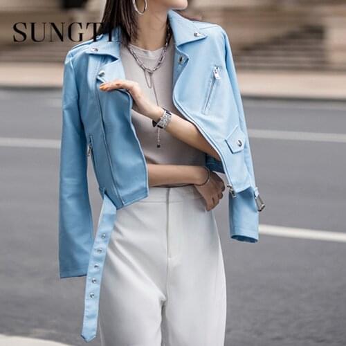 Sungtin Cropped Faux Leather Jacket for Women with Belt Zipper Casual PU Motorcycle Jackets Blue Short Outwear 2021 New Fashion