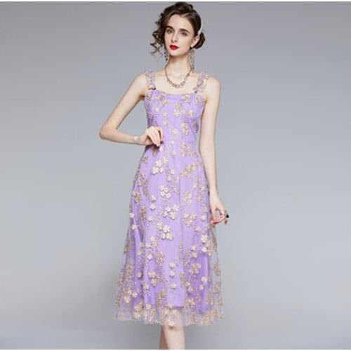 ZAWFL Women Dress Summer 2021 New Sweet Mesh Sling Beach Long Dress Sun Protection Sleeveless Embroidery Camisole Dresses