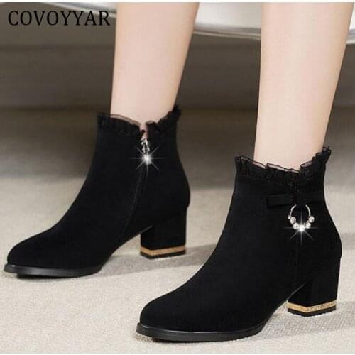 COVOYYAR Winter Boots Women Crystal Flock Warm Snow Shoes Woman Lace High Heels Female Ankle Platform Casual Shoes WBS4106