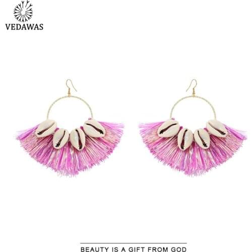 Vedawas Hawaii Cotton Shell Drop Earrings for Women Boho Colorful Shiny Fringed Tassel Earrings Summer Beach Accessories Jewelry