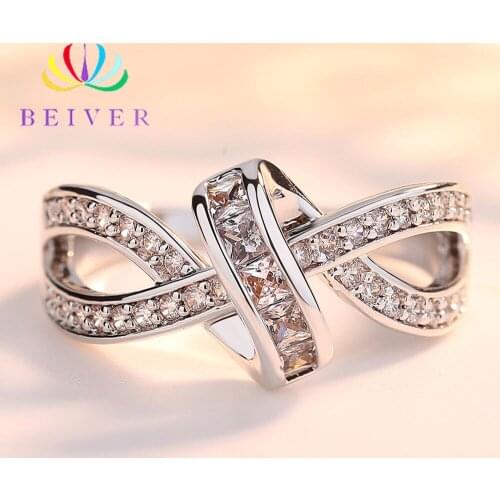 Beiver White Gold Geometric shape Rings for Women Fashion AAA Zircon Ring Engagement Jewelry 2019 New Arrivals R788