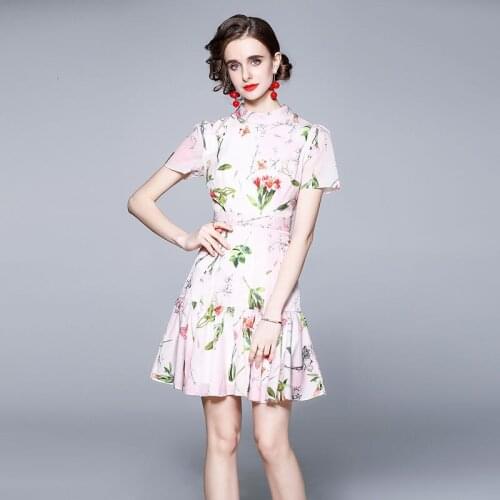 Elegant 2021 Summer Floral Print Dress Women Chinese Collar Pink Dresses Mermaid Fishtail Ruffle Short Mini Vestidos Pleated