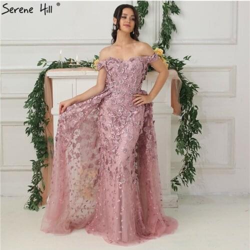 Serene Hill Pink Off Shoulder Handmade Flowers Evening Dress 2020 Sleeveless Crystal Sexy Luxury Formal Party Gown CLA6596