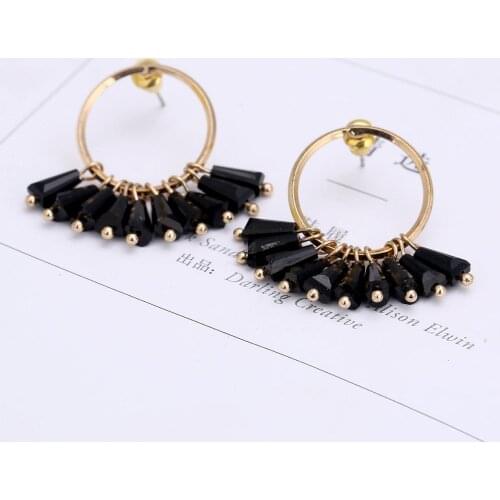 2018 New Simple Gold Circle Earrings for Women Black Crystal Tassels Dangle Hanging Drop Earrings Brincos Jewelry
