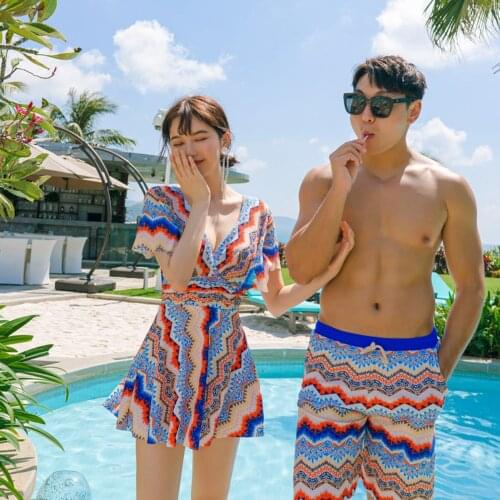 2021 New Swimsuit Couple Ladies Slim One-piece Skirt Underwire Swimming Cloth Men Beach Pants Boys Swimwear Male Swim Trunks