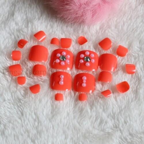 2020 24pcs hot sale handmade short round toe candy fake nail crystal drill Orange #N25