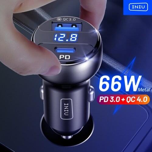 INIU 5A PD + QC USB Car Charger 66W Total Type C Fast Charging Car-Charger For iPhone 12 11 Pro Max Xr Huawei P40 Xiaomi Samsung