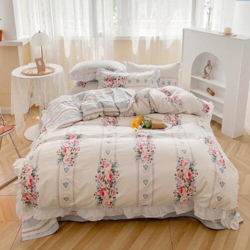 100% Cotton Bedding Set Ruffles Duvet Cover Flat Sheet Pillowcases Twin Queen King Bed Linen Set