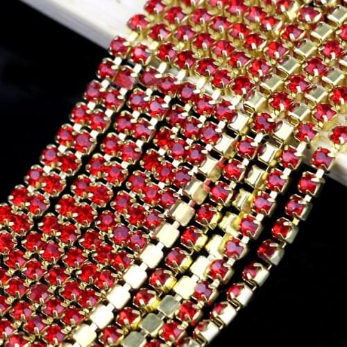 Red chain 1Meter/piece 14colors glass crystal Rhinestone Chain gold bottom sew on Cup Chains For diy Garment Bags decoration