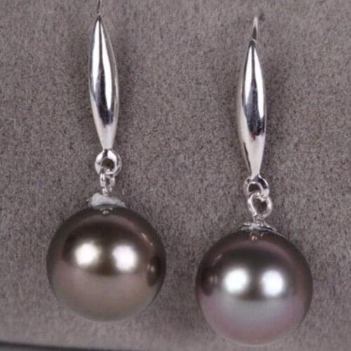 ROUND BLACK 10-11MM AAA SOUTH SEA PEARL DANGLE EARRING 14K/20 WHITE GOLD