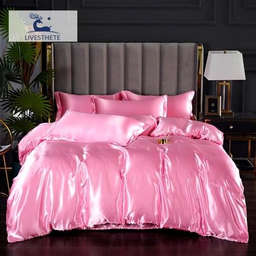 Liv_Esthete Satin Silky Pink Duvet Cover Bedding Set Luxury Single Bedspread Bedclothes Home Decor Twin Bed Linen Set