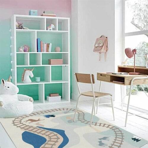 Cartoon Forest Train Road Print Rug Kids Carpet Fleece Game Carpet Boy Bedroom Bedside Blanket Living Room Floor Mat Home Decor