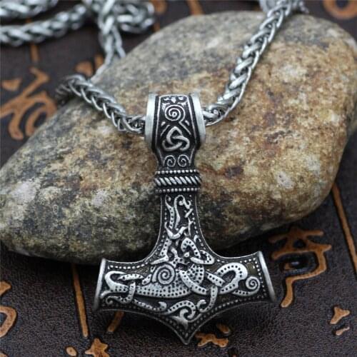 Thor hammer Vikings Necklaces Men Nordic vintage Male Pendant With 600mm stainless steel chain Punk jewelry for Boyfriend Gifts