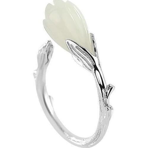 New silver original inlaid natural Hetian white jade orchid temperament Chinese retro niche design women opening adjustable ring