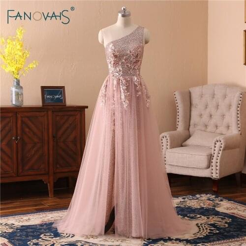 Charming Prom Dresses 2019 One Shoulder Evening Dresses Long Tulle Sequin Lace Beaded Prom Party Gown Vestido de Fiesta NE8