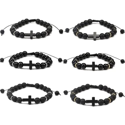 Black Cross Lava Stone Beads Strand Bracelet Buddha Beaded Yoga Strench and Braided Wristband for Women Men Jewelry