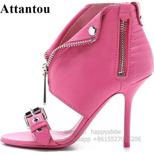 New Arrival Thin High Heel Buckle Designer Front Zipper Band Open Toe Heeled Sandals Pink Black Gold