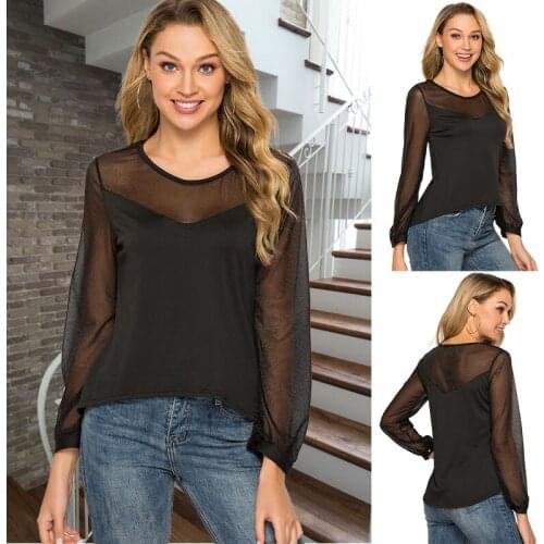Sexy Women T-shirt Long Sleeve Summer Mesh Patchwork Tops Wear See-through Long Sleeve Tops Sexy Ladies Slim T-shirt