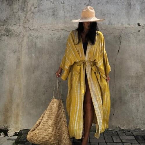 Sexy Bikini Cover-ups Women 2021 Printed Fringed Tied Long Kimono Boho Coverup Swimwear Tunic Beach Swimsuit Cover Ups Women