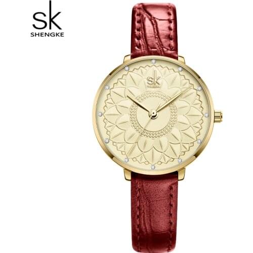 Shengke Women Leather Strap Watch Golden Flower DIal Japan Quartz Movement Watch Top Luxury Brand Waterproof Reloj Mujer