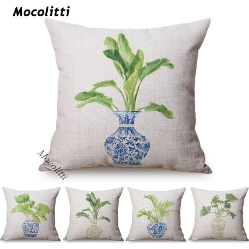 Chinese Style Blue And White Porcelain Florals Pattern Cushion Cover Banana Leaf Decorative Sofa Throw Pillows Bed Pillowcase