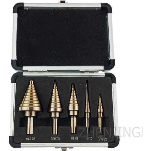 5pc Inch Aluminum Boxed Roasted Yellow Triangle Handle Step Drill Pagoda Drill Woodworking Hole Opener Set