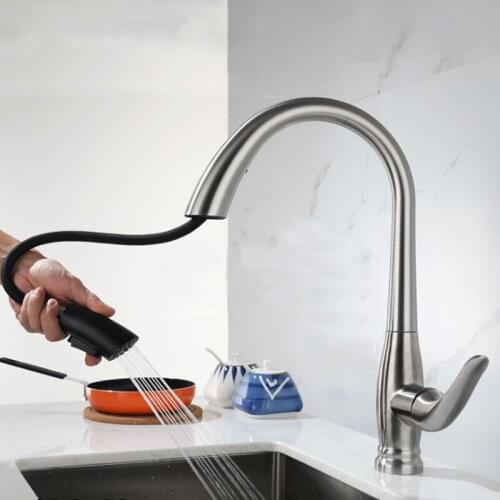 SUS304 Stainless Steel Kitchen Sink Faucet Pull Out Cold Hot Water Tap Mixer Spray Kitchen Faucets Single Handle Brushed