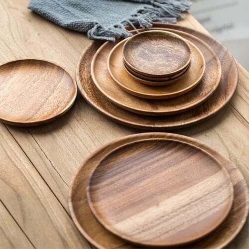 YOOAP 1 PC Round Solid Wooden Dinner Plates Fruit Dishes Table Service Saucer Tea Tray Dessert Breakfast Plate Tableware Set