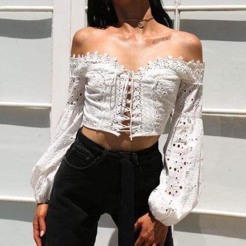 2020 Summer New Women Fashion Blouse Off Shoulder Lantern Sleeve Lace Blouse Lace-up Crop Top White Shirt Chemise Blusa Mujer