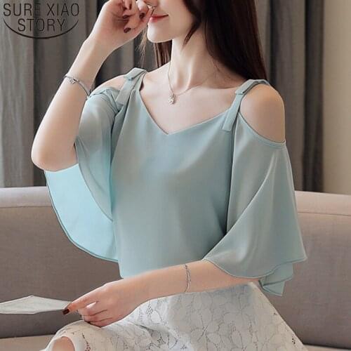 Fashion Off-Shoulder V-neck Chiffon Blouse Women Blouses Summer Top 2021 Loose Shirts Butterfly Sleeve Solid Ropa De Mujer 9036