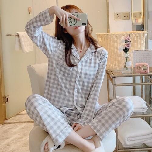 Women Polka Dot Full Pants Pajamas Sets 2020 Casual Loose Turn-down Collar Pocket Stripe Pyjama Sets Plaid Top+Pants Pijama Sets