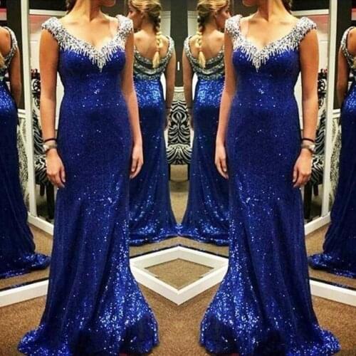 Royal Blue Sheath Prom Dresses Sequins V-neck Zipper Back Long Formal Evening Dinner Gowns robe de soirée élégante de luxe