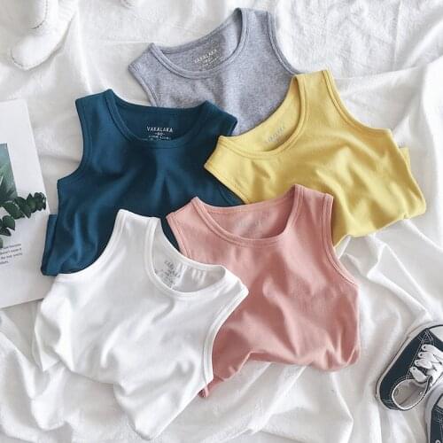 Boy Kids Short Sleeve Solid Color Vest 2021 New Summer Pure Cotton Short T Sleeveless Children Home Elastic Top
