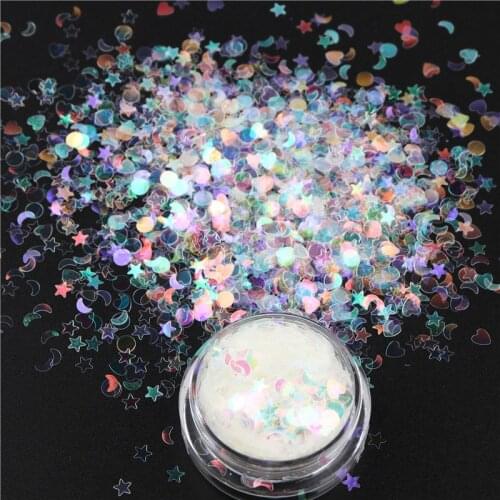 1Jar Iridescent Nail Glitter Mixed Star Moon Heart Dots Shape Sequins Flakes Transparent Colors Paillette Nail Art Decoration